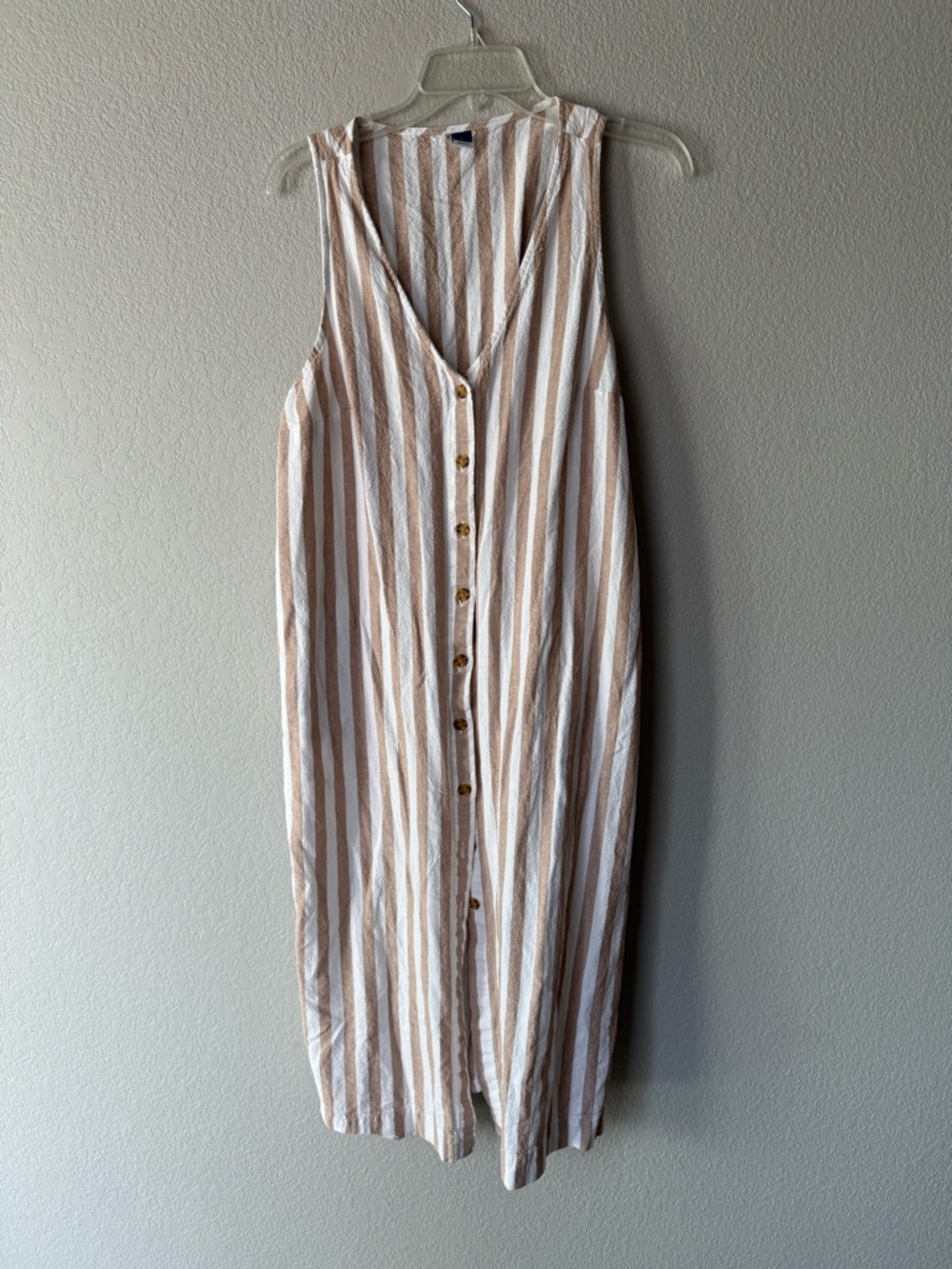 Linen Sleeveless Button-Front Striped Midi Dress in Cream & Tan